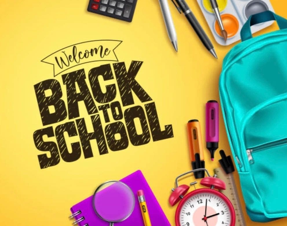 Welcome back to school on yellow background with school supplies.