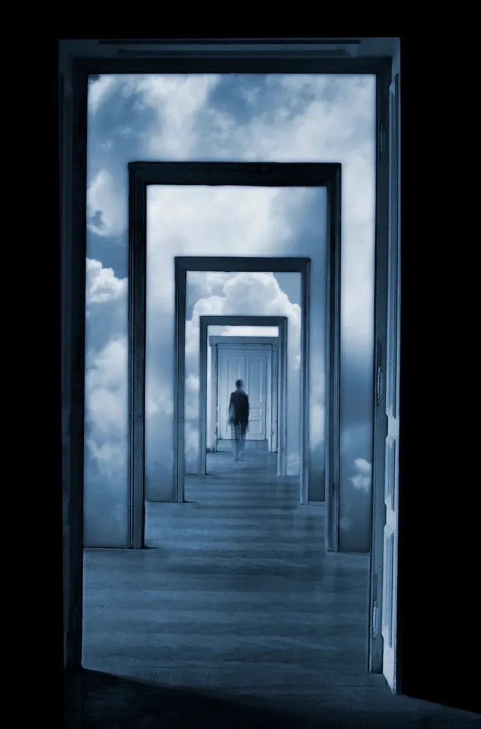 Person walking through endless doorways with clouds.