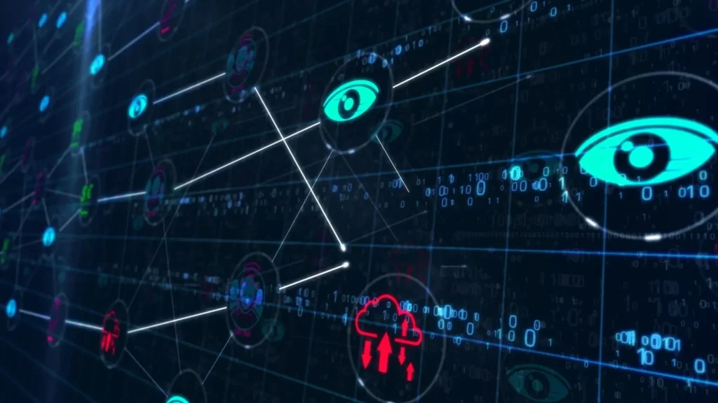 Digital network with eyes and cloud icons.