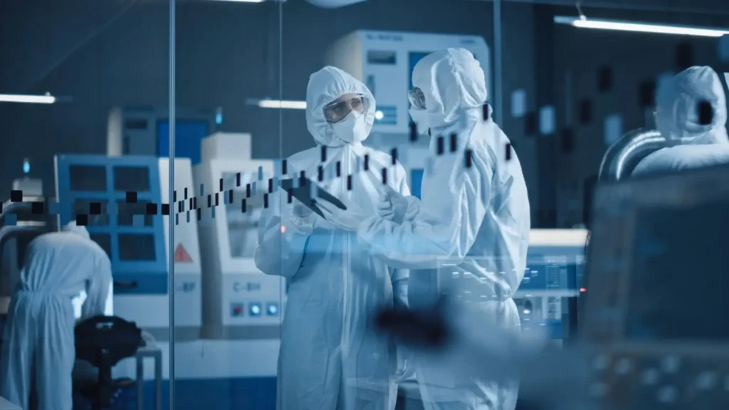 Scientists in protective suits discussing data.