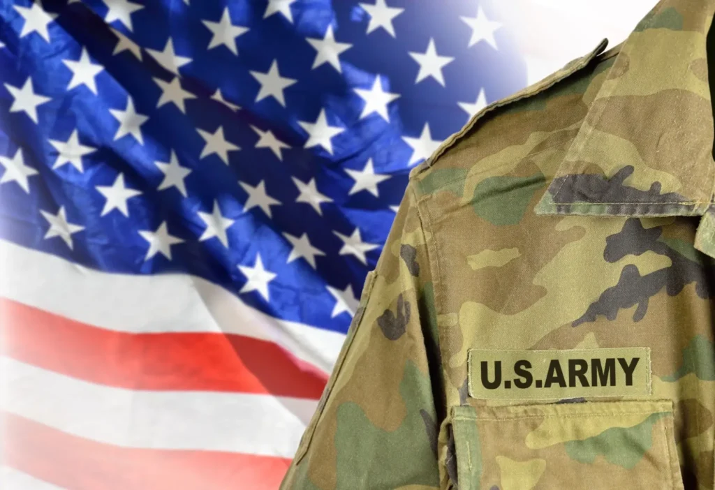 U.S. Army uniform with American flag background.