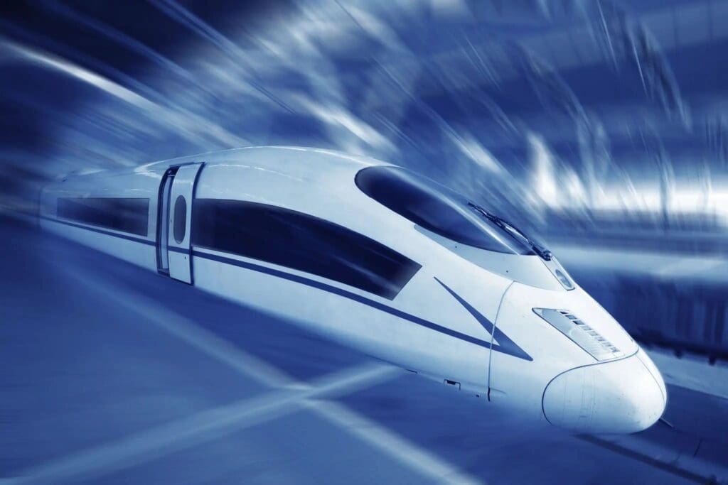 High-speed train in motion, blurred background.