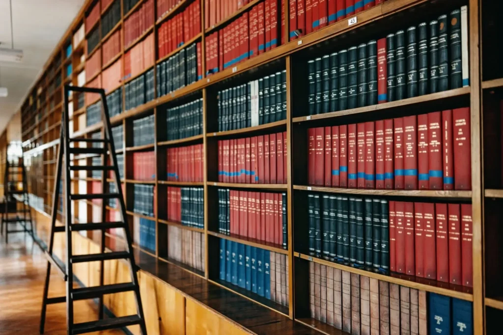 Library shelves with books and ladder.