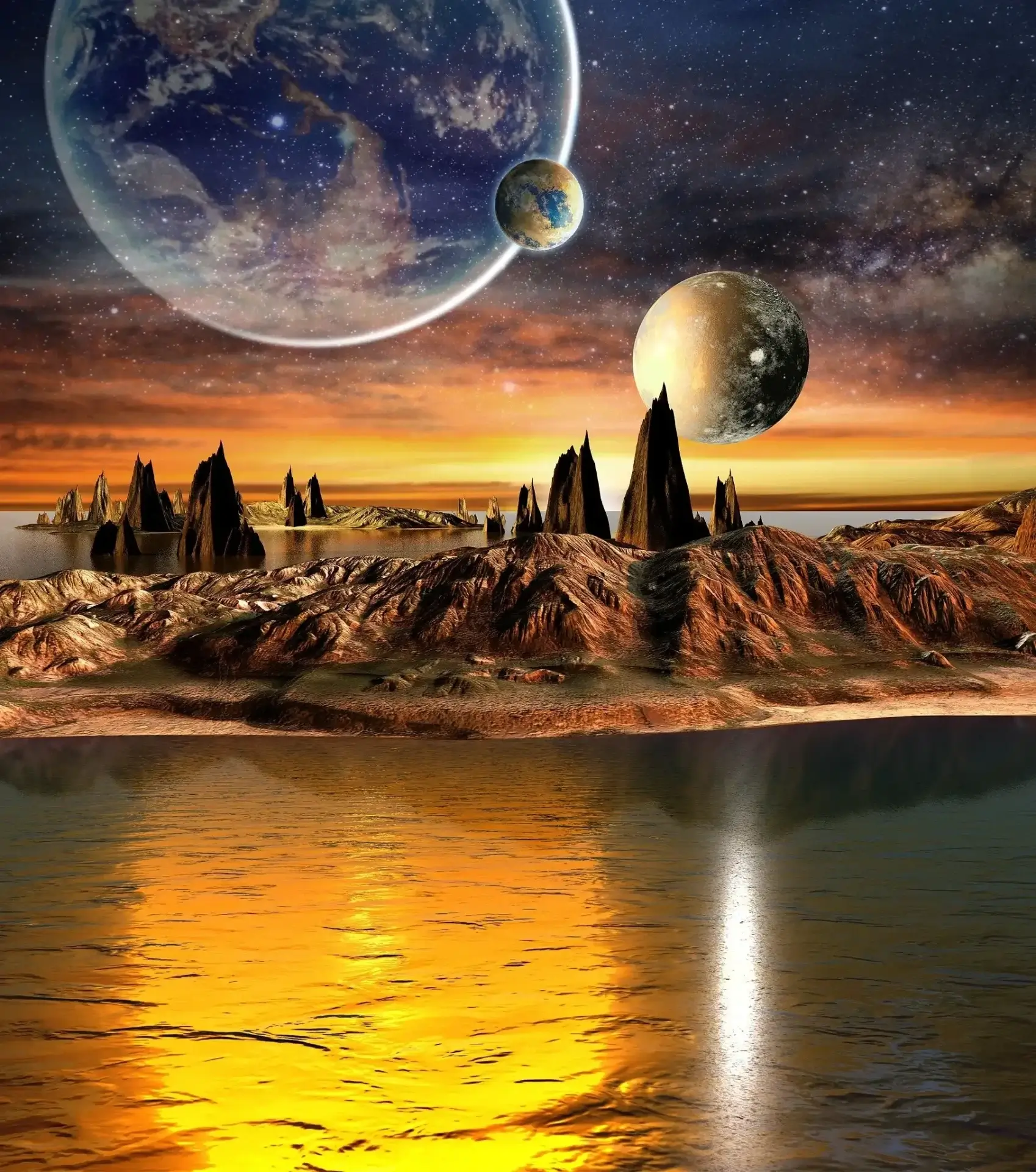 Alien landscape with planets and rocky terrain.