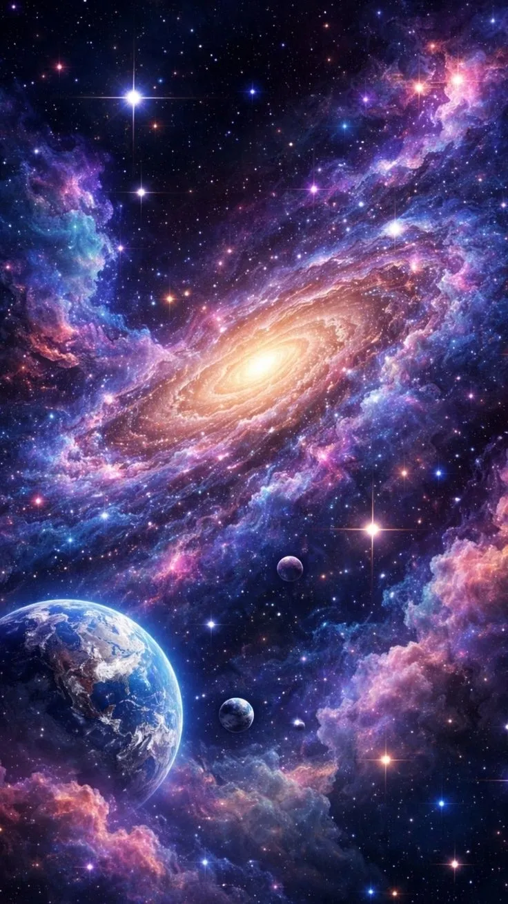 Spiral galaxy with colorful nebula and planets
