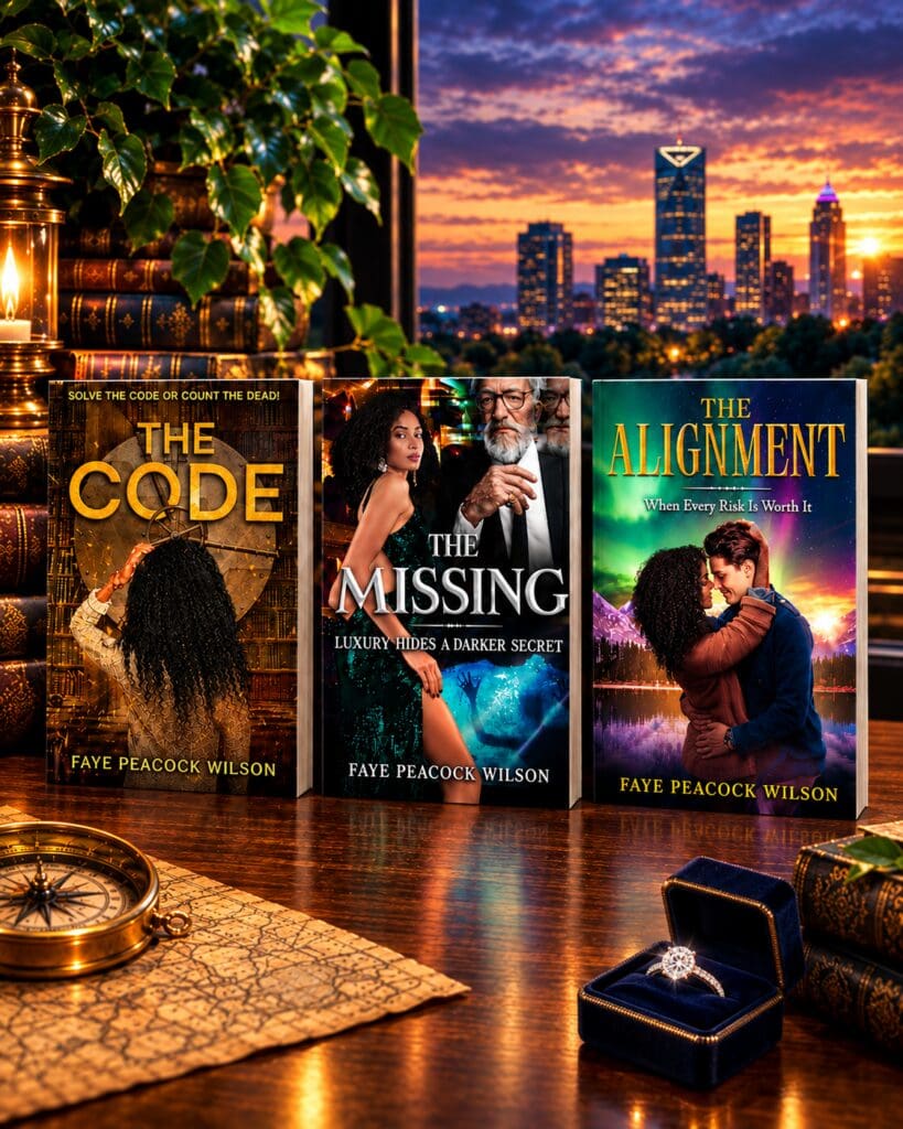 Three novels displayed with a sunset backdrop.