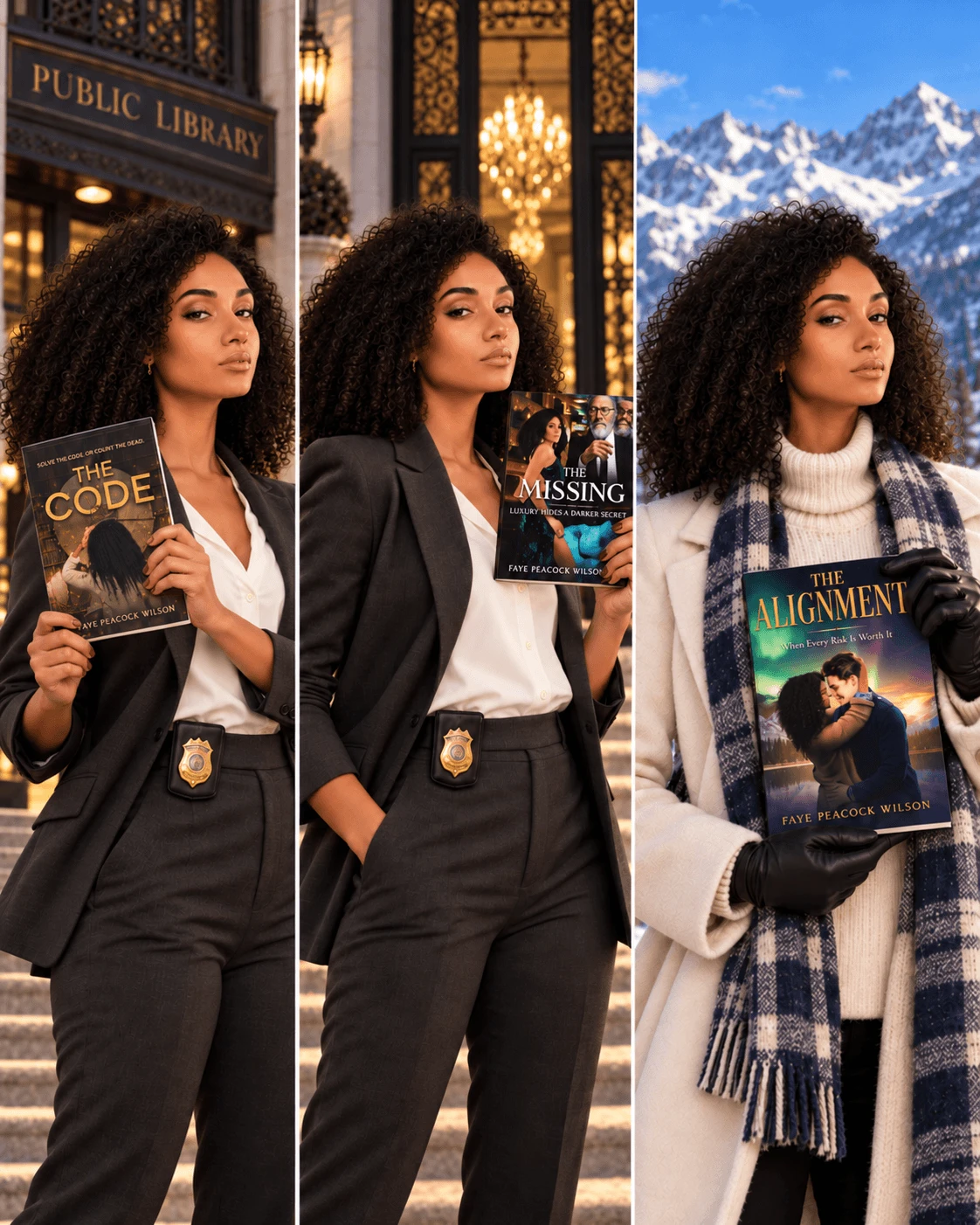 Woman holding three different mystery novels: The Code, The Missing, and The Alignment.