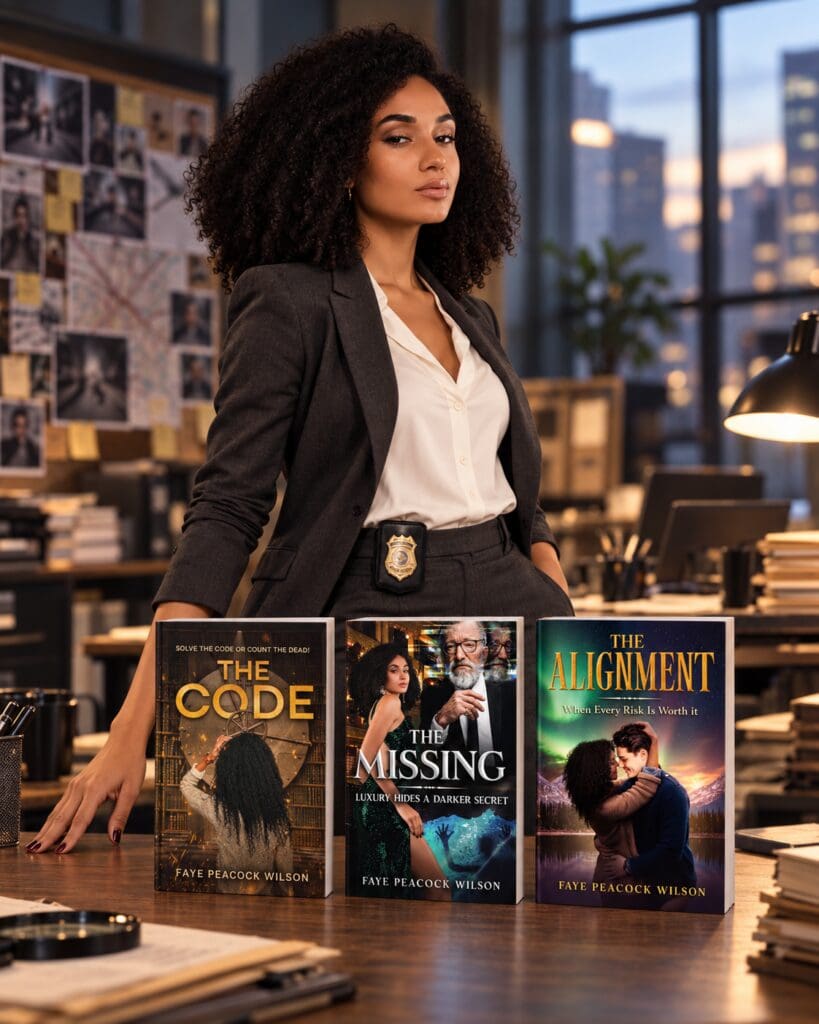 Confident woman beside three mystery novels.