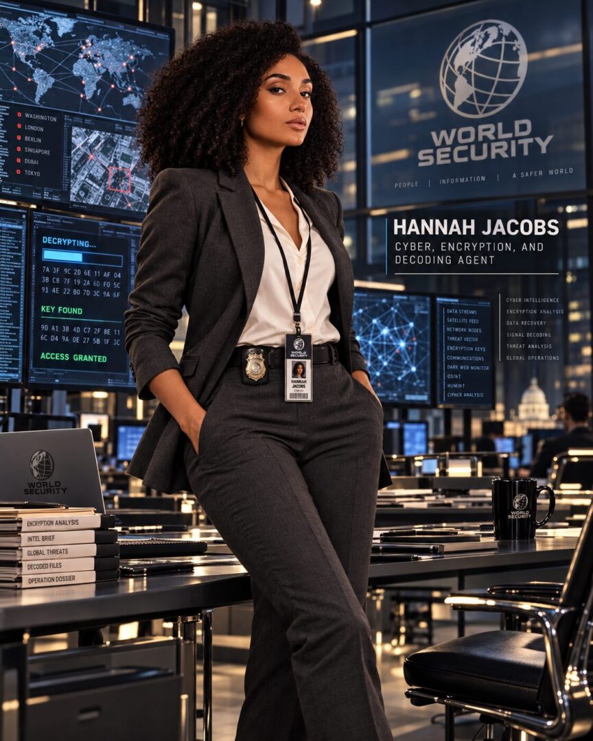 Hannah Jacobs, cyber intelligence agent, standing inside World Security headquarters