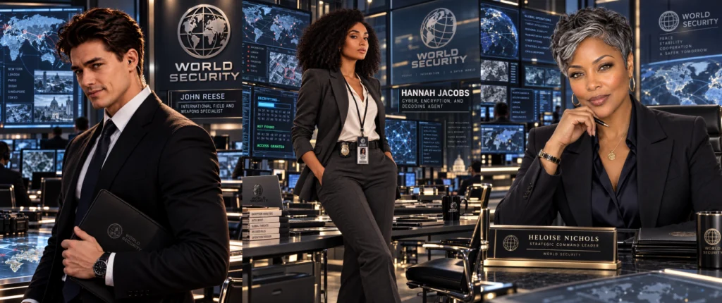 John Reese, Hannah Jacobs, and Heloise Nichols together as the World Security team in Three Roles and One Team