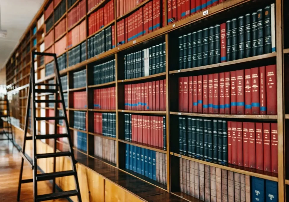 Library shelves with books and ladder.