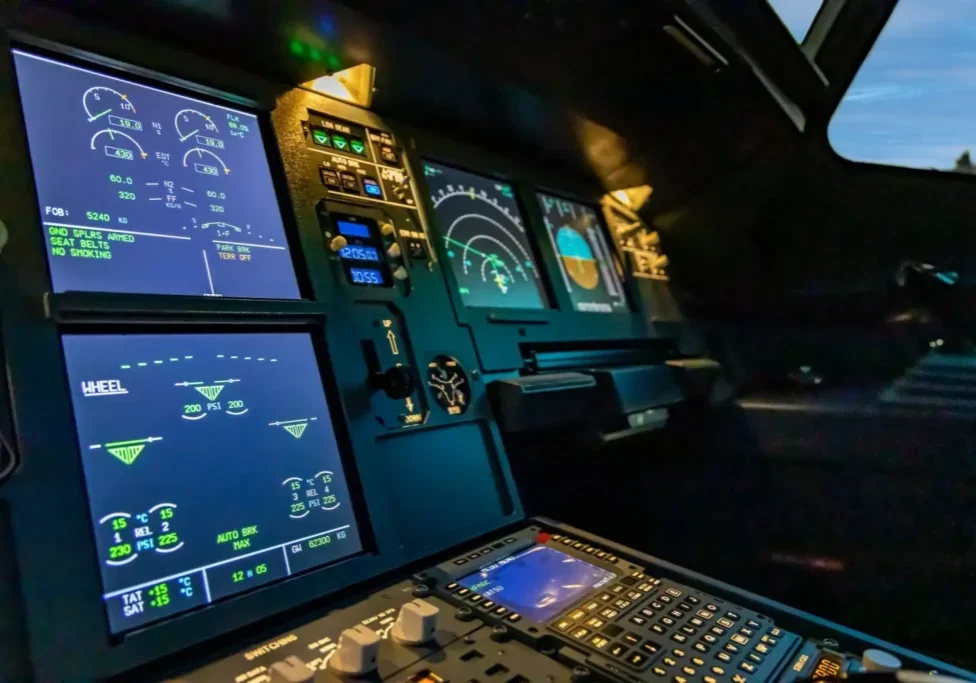 Airplane cockpit with illuminated control panels.