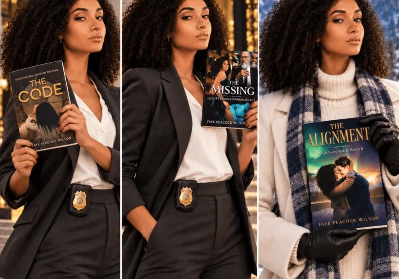 Woman holding three different mystery novels: The Code, The Missing, and The Alignment.
