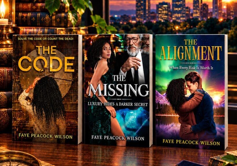 Three novels displayed with a sunset backdrop.