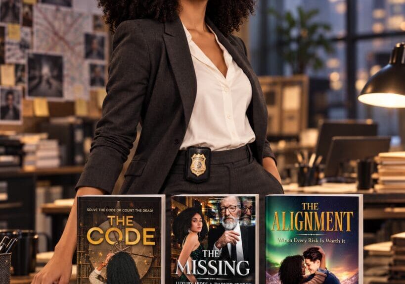Confident woman beside three mystery novels.