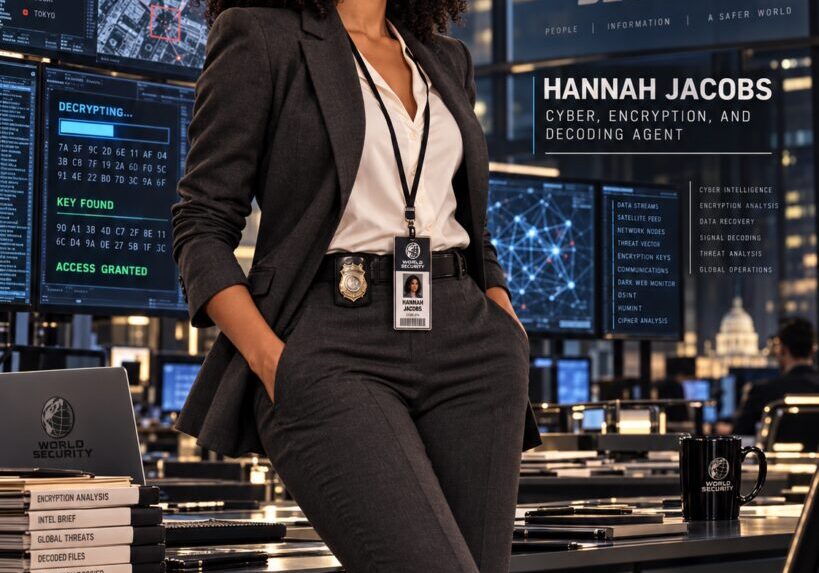 Hannah Jacobs, cyber intelligence agent, standing inside World Security headquarters