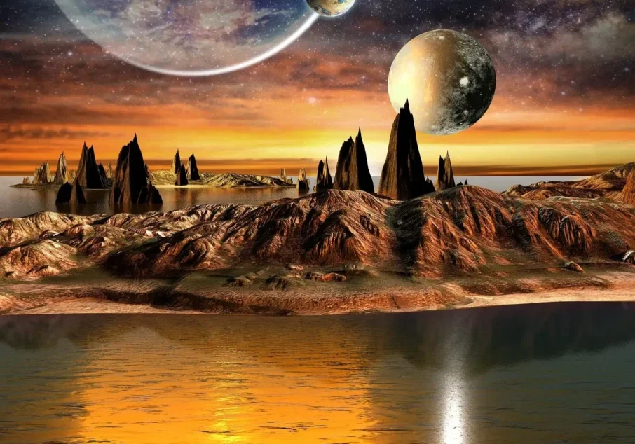 Alien landscape with planets and rocky terrain.