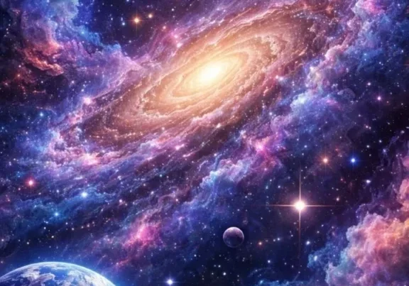 Spiral galaxy with colorful nebula and planets