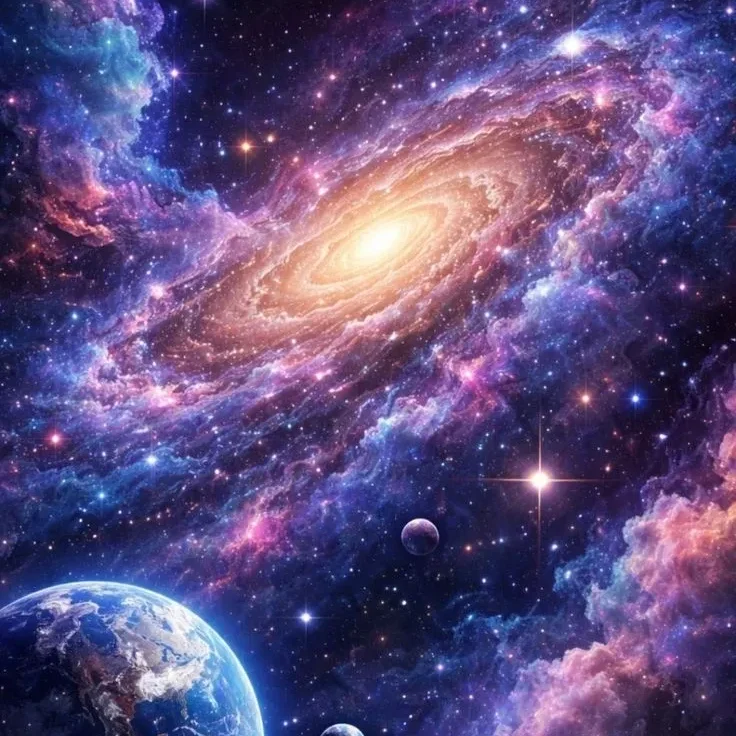 Spiral galaxy with colorful nebula and planets