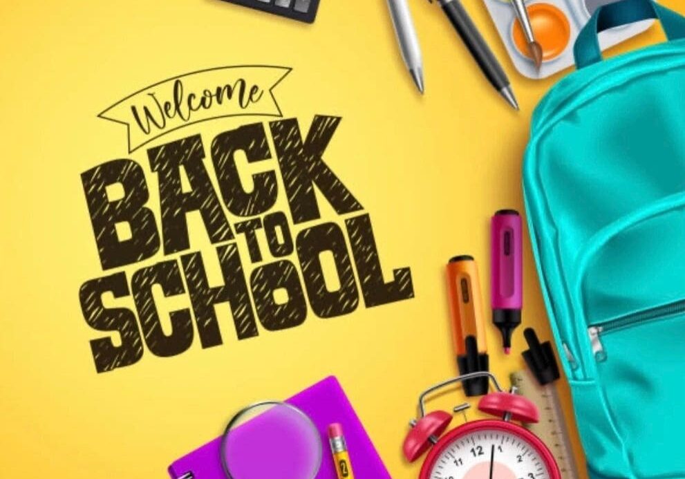 Welcome back to school on yellow background with school supplies.