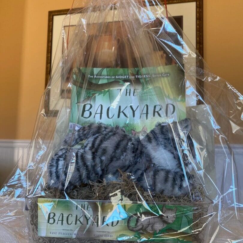 A gift basket with a cat in it.