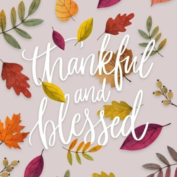 Thanksgiving card with colorful leaves and the words thankful and blessed.